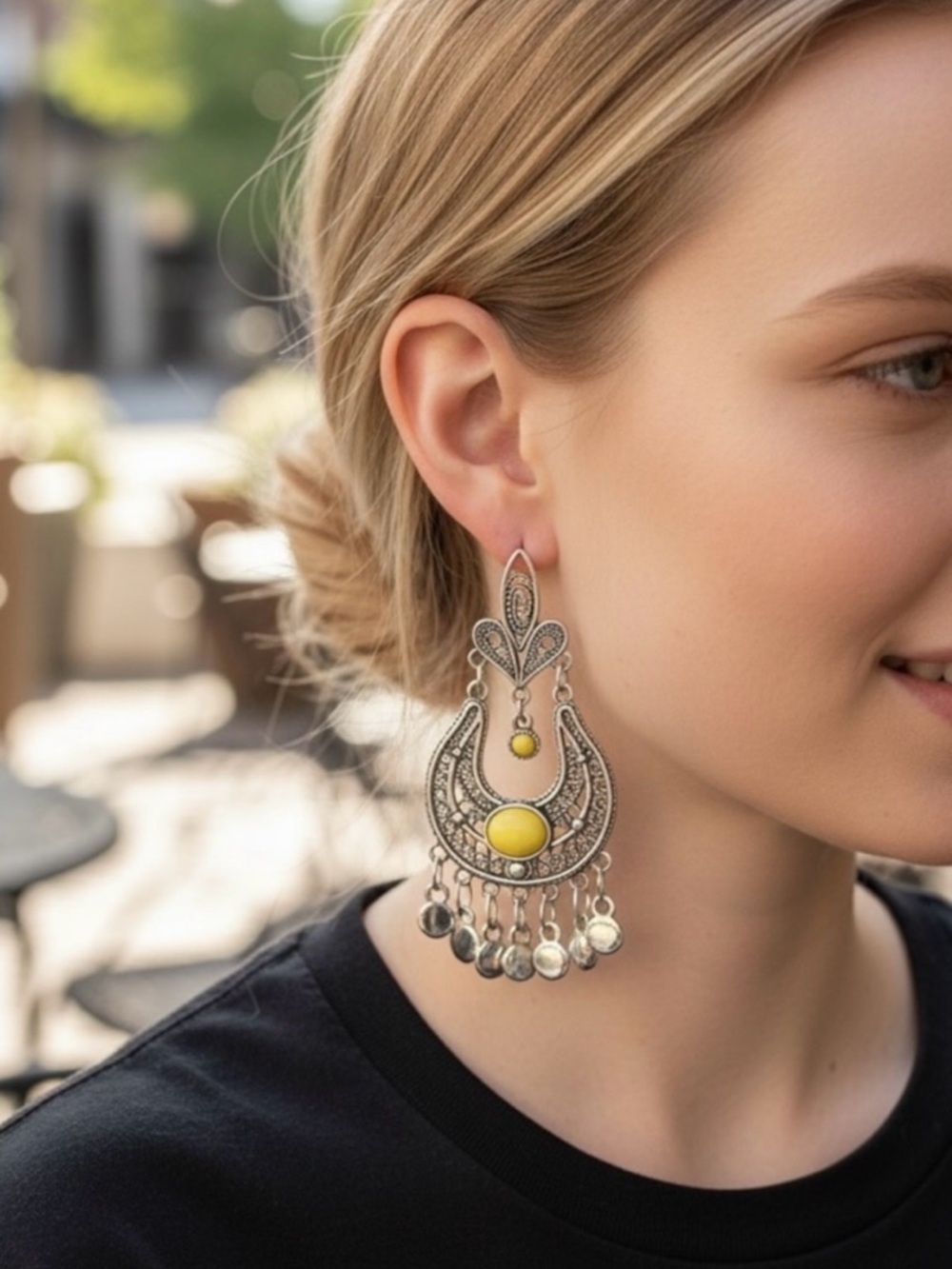 Silver-Tone Yellow Stone Bohemian Drop Earrings - Women Jewelry